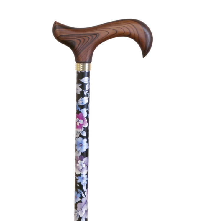 Garcia 1880 - aluminium wandelstok met houten derby handvat - in hoogte verstelbaar van 75 cm tot 100 cm - donker bloemenmotief