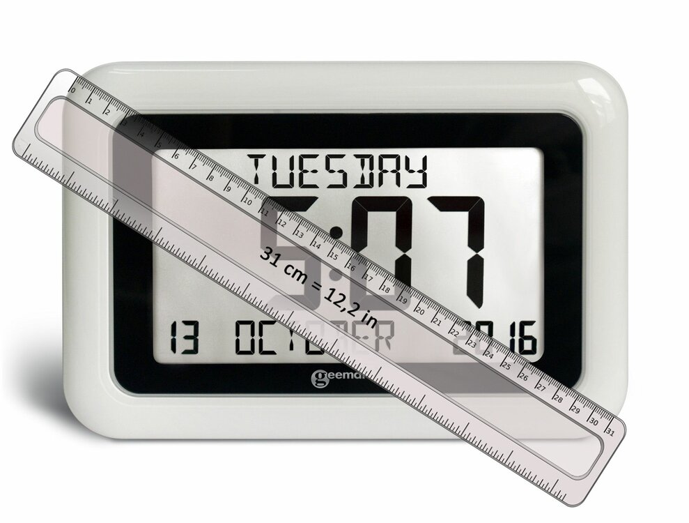 GEEMARC - VISO10 - Digitale kalender klok met dag / datum / tijdweergave - wit - maataanduidingen