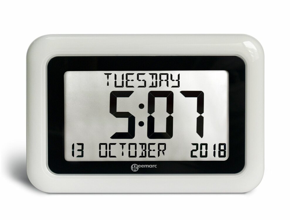 GEEMARC - VISO10 - Digitale kalender klok met dag / datum / tijdweergave - wit - voorbeeld andere taal Engels