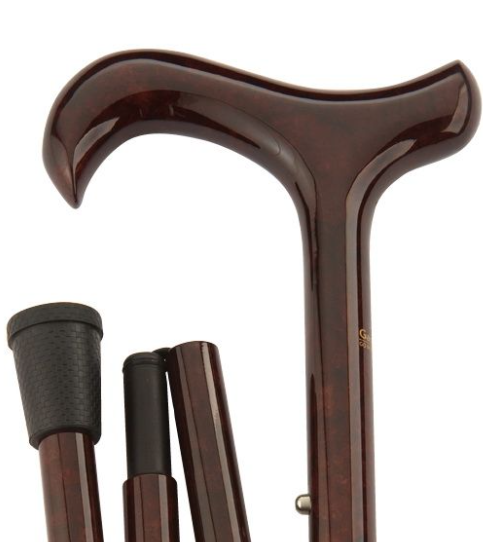 Gastrock - Carbon 4-delige opvouwbare wandelstok - burgund - met bruin carbon derby handvat - detail