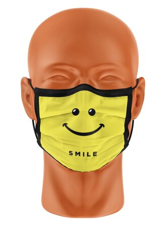 Smiley mondmasker, herbruikbaar, 2-laags viscose filterende stof met comfortabele striktouwtjes