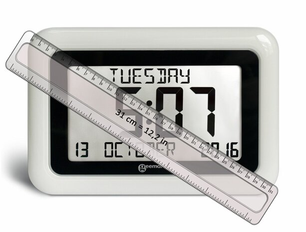GEEMARC - VISO10 - Digitale kalender klok met dag / datum / tijdweergave - wit - maataanduidingen